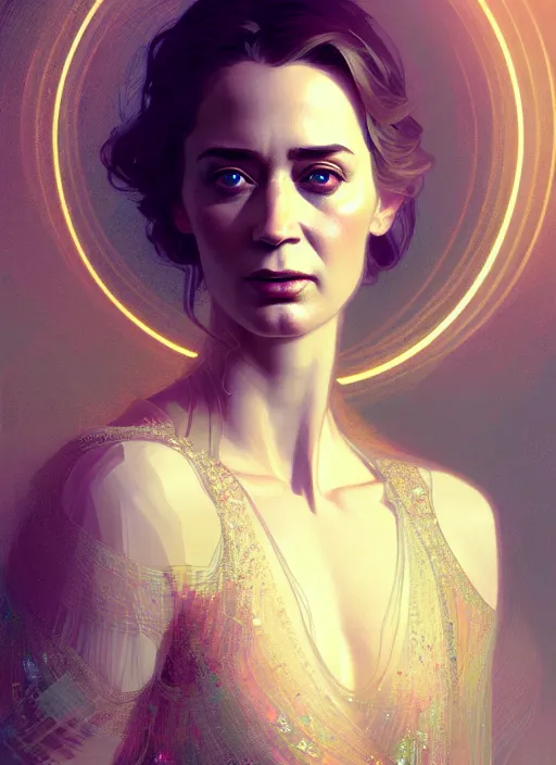 Image similar to portrait of emily blunt, intricate, elegant, glowing lights, highly detailed, digital painting, artstation, glamor pose, concept art, smooth, sharp focus, illustration, art by wlop, alphonse mucha and craig mullins