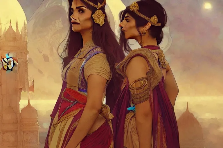 Image similar to Sensual good looking pale young Indian doctors wearing Renaissance clothing in a space station above Earth, portrait, elegant, intricate, digital painting, artstation, concept art, smooth, sharp focus, illustration, art by artgerm and greg rutkowski and alphonse mucha