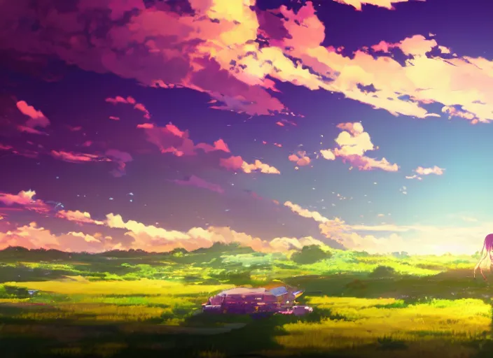 Image similar to illustration of a wide shot green hills with clouds in the background, golden hour sunset, purple beautiful sky, cute anime girl with platinum blonde hair and big eyes, close to foreground, anime key visual, official media, illustrated by wlop, extremely detailed, 8 k, trending on pixiv, cinematic lighting, beautiful
