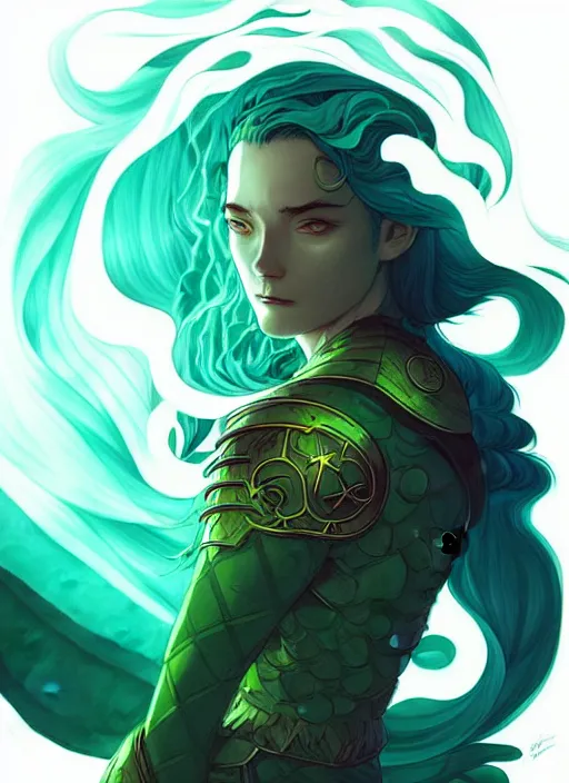 Prompt: style artgerm, joshua middleton, illustration, john krasinski as rune knight wearing green pelt light armor, blue hair, swirling water cosmos, fantasy, dnd, cinematic lighting