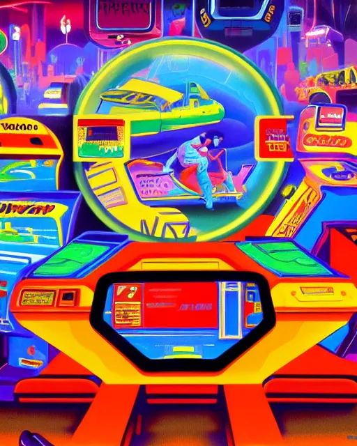 Image similar to arcade start screen. retro technology, 9 0 s colors and shapes, wayne barlow, oil on canvas, deep depth of field, masterpiece, cinematic composition, hyperdetailed