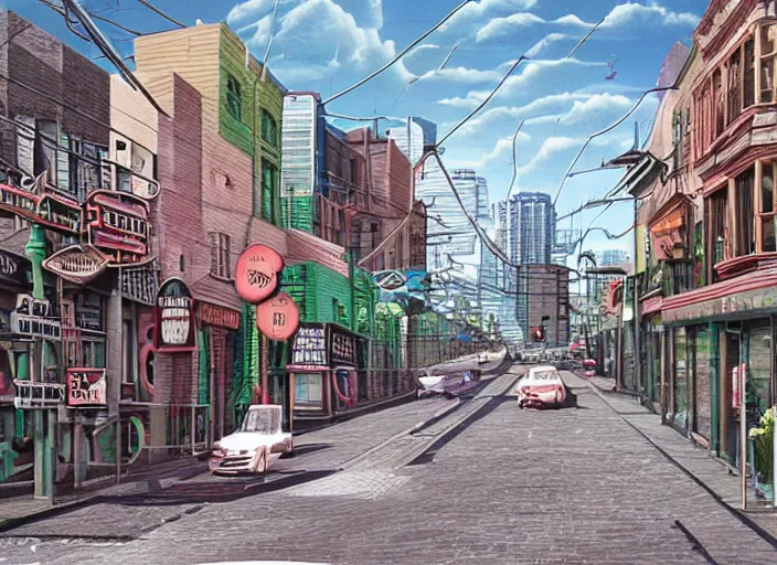 Image similar to north melbourne street, lowbrow, cables, matte painting, 3 - d highly detailed, in the style of mark ryden