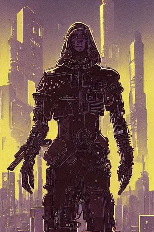 Prompt: vernon. Cyberpunk assassin. Stylized concept art by James Gurney and Mœbius.