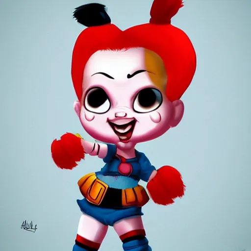 Image similar to baby harley quinn with pigtail like pebbles flintstones full body, big head, large smile, pixar style, happy, chill out, trending, trending on artstation