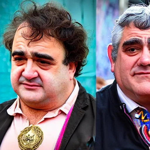 Image similar to a man who looks like john belushi mixed with gordon brown, wearing a rainbow coloured tracksuit and big gold star shaped medallion