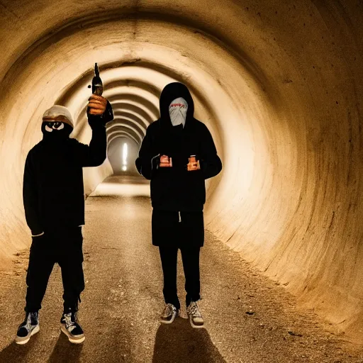 Prompt: two thugs smoking and drinking in a long dark tunnel wearing balaclavas, dubstep, flash photography