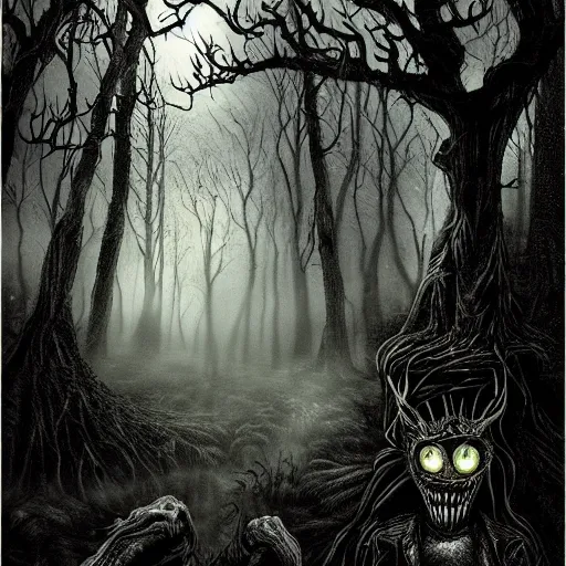 Image similar to Nightmare shadows with glowing eyes lurk in the forest, by Keith Thompson, spooky, dark, night