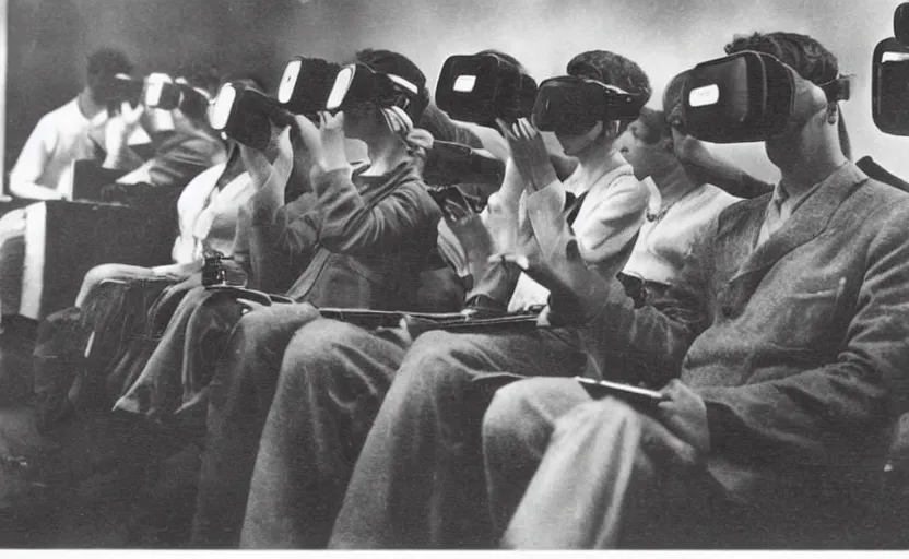 Image similar to 1 9 0 0 s photo of people using iphones ipods virtual reality headsets vr in a movie theater masterpiece