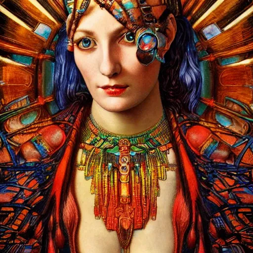 Image similar to close - up renaissance portrait of an iridescent art deco android priestess, reflective detailed textures, highly detailed fantasy science fiction painting by moebius, norman rockwell and william holman hunt. modern industrial shaman, rich colors, high contrast. artstation