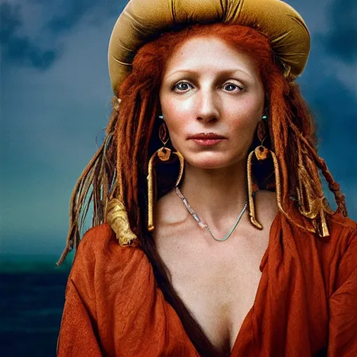 Image similar to Extremely detailed photo realistic matte portrait painting of winking Century Barbary Coast pirate Woman with Ginger hair and Golden hooped earrings photography by Annie Leibovitz, and Steve McCurry