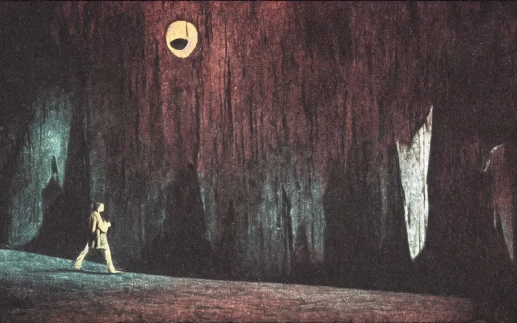 Prompt: high quality high definition colorized movie still from The Cabinet of Doctor Caligari: a lonely ghost walking alone at night in the woods, high quality silent movie, iridescent color palette