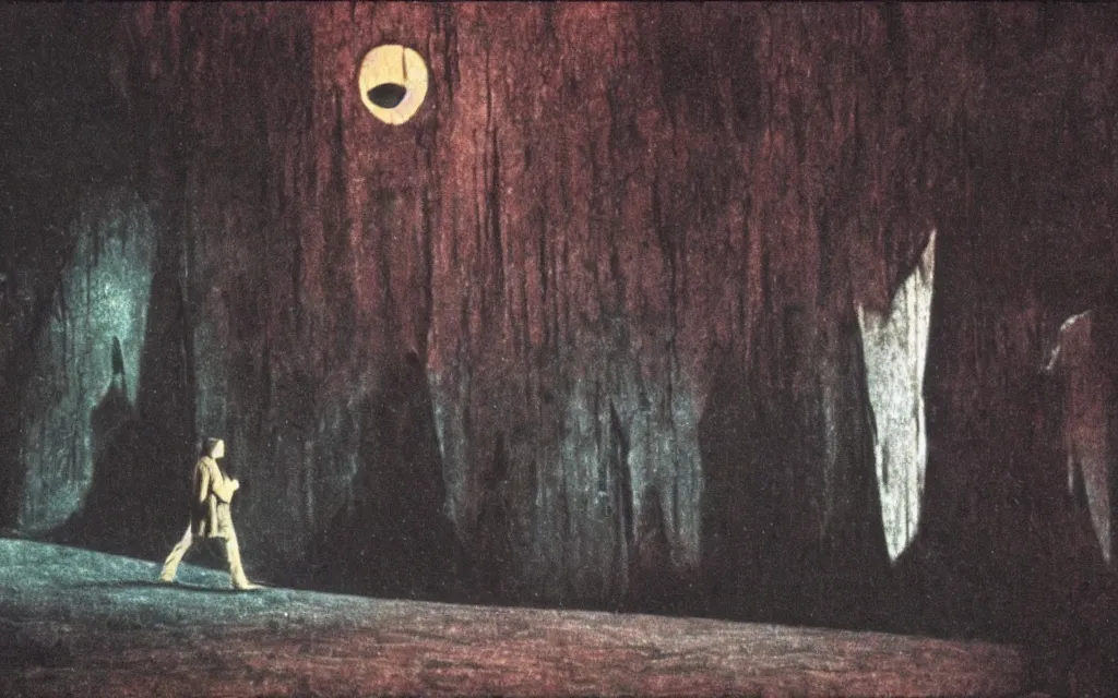 Image similar to high quality high definition colorized movie still from The Cabinet of Doctor Caligari: a lonely ghost walking alone at night in the woods, high quality silent movie, iridescent color palette