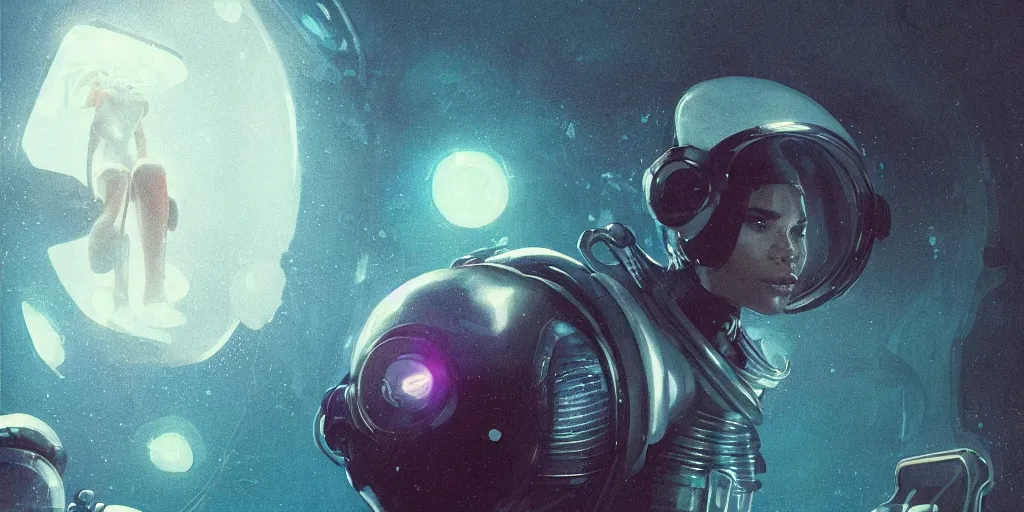 Image similar to Zoe Kravitz with short hair as a retrofuturistic astronaut, helmet with led lights, underwater in the ocean at night, clear water, volumetric lighting, glowing lights, 4k, octane, digital painting, artstation, concept art, cinematic film, sharp focus, illustration, art by artgerm and greg rutkowski and alphonse mucha , wide angle view,