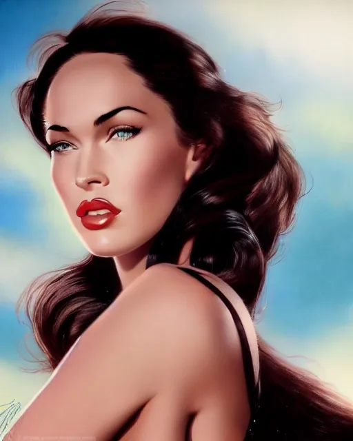 Prompt: closeup dream photo of a beautiful megan fox with long dark wind blown hair at sunrise, rim lighting, glamour pose, hyper realistic, concept art, intricate, hyper detailed, smooth, ambient volumetric lighting, high contrast, pinup, vibrant, hd, octane, gil elvgren, arney freytag, alberto vargas, 1 9 4 5