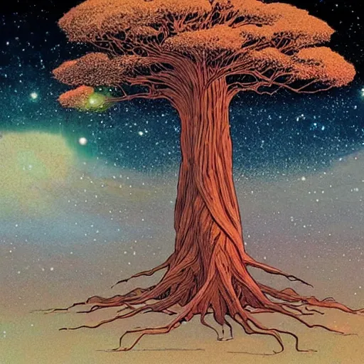 Prompt: a large tree rooted in a crystal hovering in space, by moebius