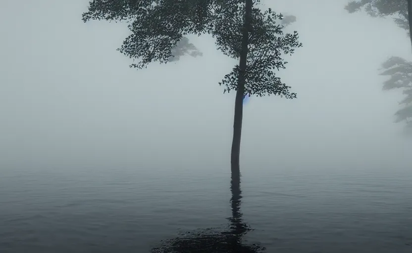 Image similar to low angle skimming the surface of a strange lake directed by charlie kaufman ( 2 0 0 1 ) foggy volumetric light morning extremely moody cinematography scene, cinematic trending on artstation in the style of greg rutkowski