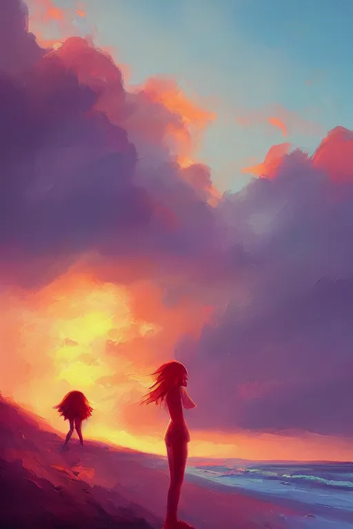 Image similar to a red haired young girl beach surreal, sunrise, dramatic light, impressionist painting, colorful clouds, digital painting, artstation, simon stalenhag