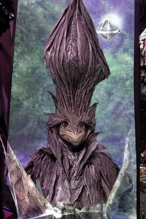 Image similar to Floating shard of The Dark Crystal, a Skeksis reflection is on one side, a Gelfling is on the other