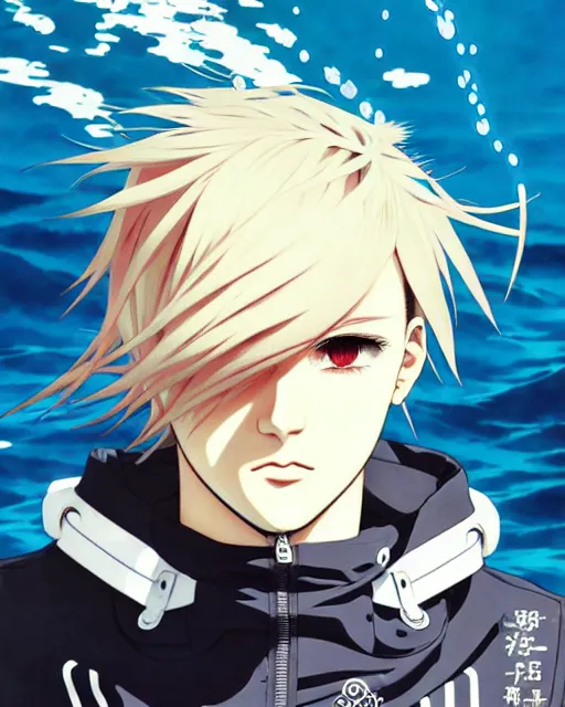 Image similar to ilya kuvshinov anime illustration of male character with blonde underwater hair wearing yeezy streetwear, last exile, murata range, fine detail, perfect anime face, dramatic lighting, dynamic composition, art deco, cel shading, vivid, stippled lighting, rich texture, yoshinari yoh, alphonse mucha, takashi murakami, ( ( ( colorful ) ) )