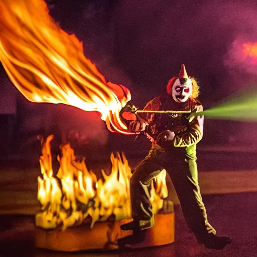 Image similar to photo of a clown using a flamethrower projecting a long flame. award-winning, highly-detailed