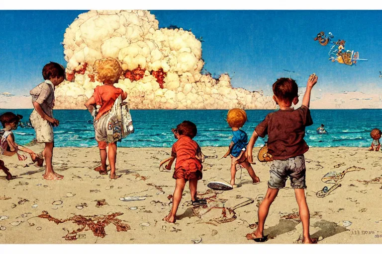 Prompt: children playing at the beach, huge atomic explosion in the background, wide angle shot, oil on canvas by norman rockwell, by mattias adolfsson, by moebius and satoshi kon, hd, 4 k, high quality,