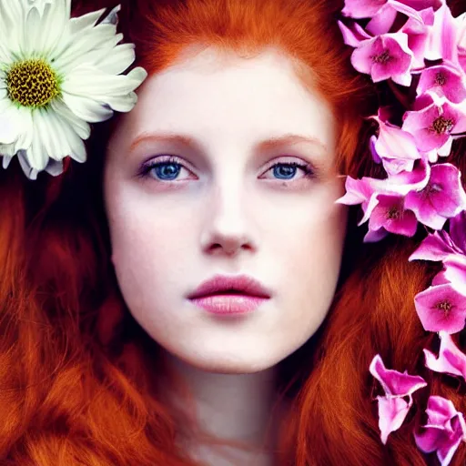 Image similar to !dream Fine art photo of the most beautiful woman, she is redhead, she is posing while maintain a sweet eye contact to the camera, she has a crown of flowers, she has perfect white teeths, the photo was taking by Annie Leibovitz, matte painting, oil painting, naturalism