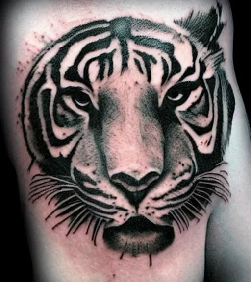 Image similar to tattoo design of a beautiful girl warrior under a tiger head, hyper realistic, realism tattoo, by eliot kohek, beautiful eyes, realistic face, black and white, white background