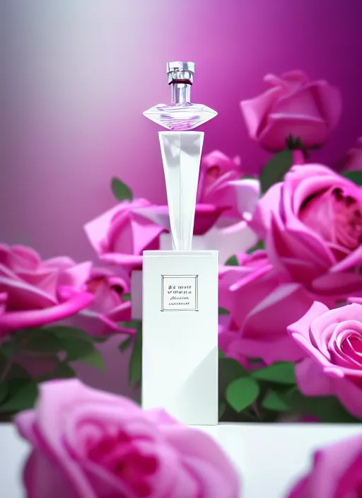 Image similar to perfume bottle standing in white enchanted garden of pink flowers, roses in an ivory room well contoured smooth fair walls, up close shot, sharp focus, global illumination, radiant light, surral photography, octane highly render, 4 k, ultra hd,