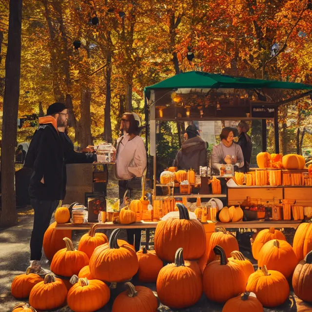 Image similar to pumpkin headed people ordering coffee at a coffee stand, maple trees with fall foliage, woodstock vermont, volumetric, realistic, cinematic lighting, ray tracing, unreal engine 5, octane render, hyper realistic, photo, 8 k