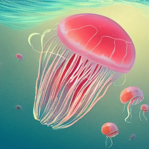 Prompt: hyperdetailed photorealistic! national geographic modern childrenbook illustration of a voluptuous! elegant! transparent!!! rose and white cyber!! jellyfish, swimming gently in the ocean. seen from the distance. transparent soft natural tones. matte background