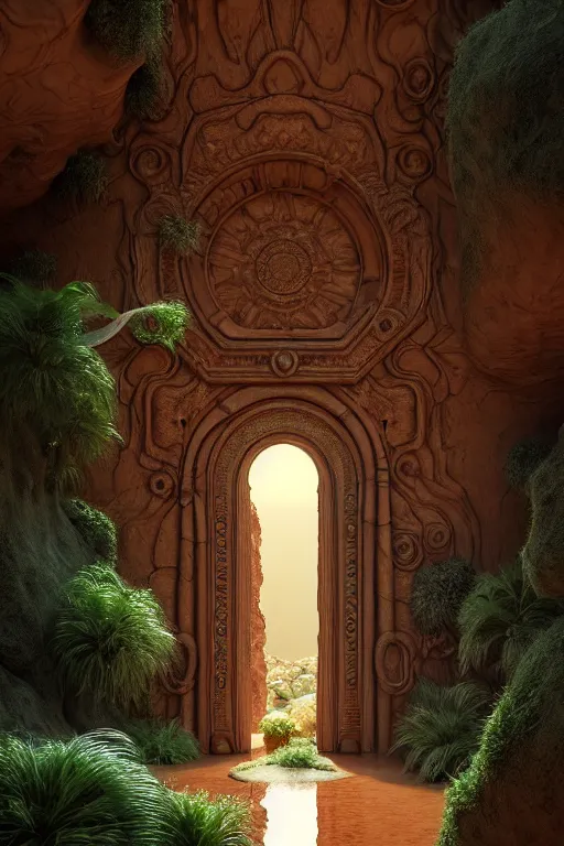 Prompt: ornate doorway to a monolith in a desert lush vegetation, warm tones, night, water reflection : : by michal karcz, daniel merriam, victo ngai and guillermo del toro : : ornate, dynamic, particulate, intricate, elegant, highly detailed, centered, artstation, smooth, sharp focus, octane render, 3 d
