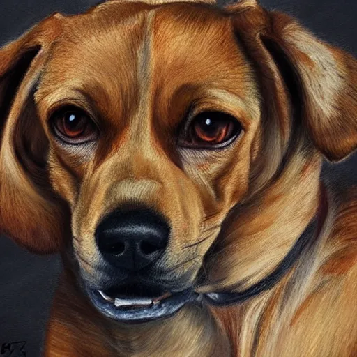 Prompt: A detailed and realistic painting of a dog with 8k resolution, in the artistic style of fantasy art