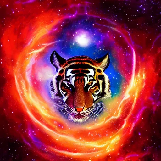 Image similar to geometric symmetrical tiger with galaxy eyes in space, nebula in the background, intricate, elegant, highly detailed, digital painting, artstation, concept art, smooth, sharp focus, illustration, art by artgerm