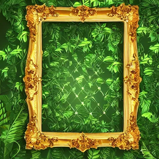 Image similar to fancy broken gold baroque frame in middle of green jungle vegetation