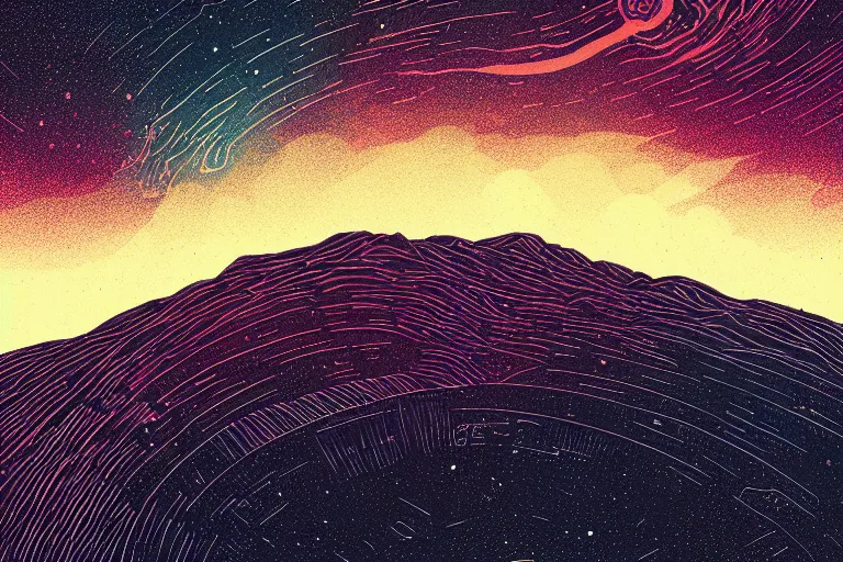 Image similar to concept art of an epic spiral galaxy in style of dan mumford and laurie greasley by james gilleard, very detailed, clean lines, atmospheric, vivid, wide angle, masterpiece