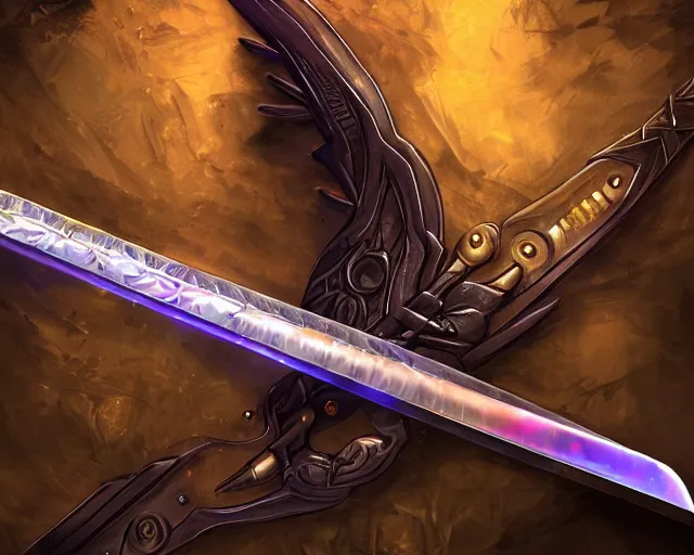 Image similar to legendary glowing sword of cybernetic technology on a table, digital award winning artwork, intimate dark moody, intricate, long sharp black and iridescent blade, ornate spikes, colorful hilt, detailed realistic, raytraced blade, colored gems, golden pommel, trending on artstation and deviantart