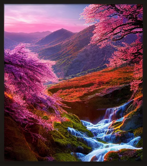 Image similar to featured on artstation cherry tree overlooking valley waterfall sunset beautiful image stylized digital art