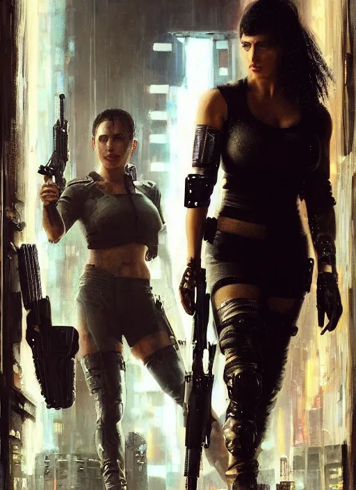 Image similar to Sonya Lopez. Cyberpunk hitwoman wearing military vest walking through nightclub (blade runner 2049, cyberpunk 2077). Orientalist portrait by john william waterhouse and James Gurney and Theodore Ralli and Nasreddine Dinet, oil on canvas. Cinematic, hyper realism, realistic proportions, dramatic lighting, high detail 4k