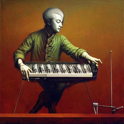 Prompt: Painting of Mozart mixing at the turntables in a style of Beksinski