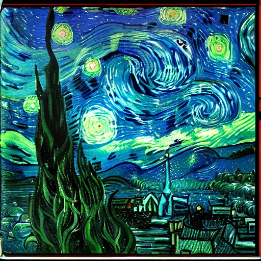 Image similar to Dark starlight sky pine forest volumetric light ufo painted by van gogh