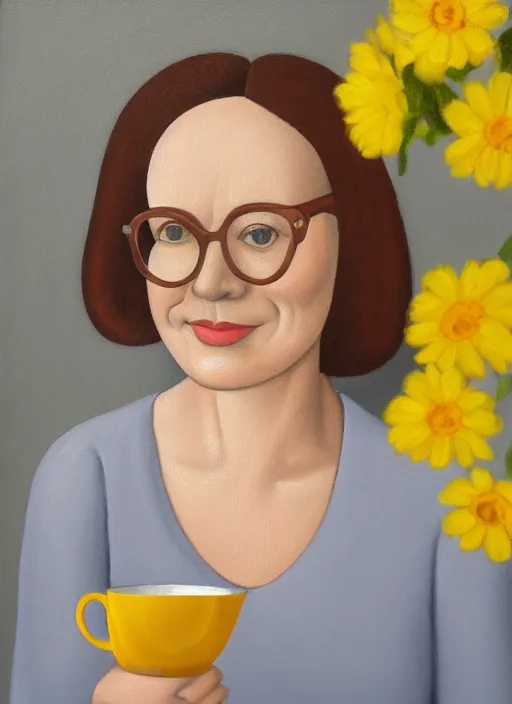 Prompt: portrait of a beautiful finnish 4 0 - year old woman sitting in a table with a hot cup of tea, small wide smile, mandel eyes, glasses, small plump lips, oval face, wrinkled big cheeks, brown and grey short hair, calming white background of a kitchen with yellow flowers, cheerful colours, oil painting, sharp focus, artstyle of michelangelo