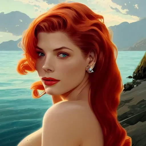 Prompt: A combination of Grace Kelly's and Katheryn Winnick's and Ashley Greene's faces with red hair as a mermaid half submerged on the beach, western, fantasy, intricate, elegant, highly detailed, digital painting, artstation, concept art, matte, sharp focus, illustration, art by Artgerm and Greg Rutkowski and Alphonse Mucha