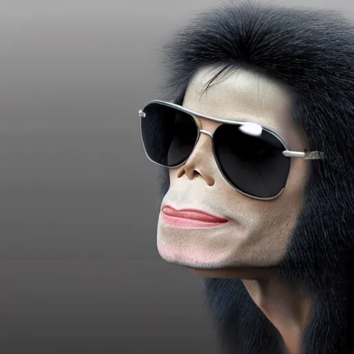 Image similar to michael jackson 2 0 0 9 wearing shades, alone, this is it style, photo real, pores, motion blur, sitting with bubbles the chimp window open, real life, spotted, ultra realistic face, accurate, 4 k, movie still, uhd, sharp, detailed, cinematic, render, modern