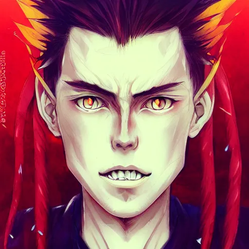 Image similar to headshot portrait of male anime character extremely sharp jaws slit yellow eyes medium length red hair inspired by tom hiddleston senyum palsu karakter anime by anato finnstark, tom bagshaw, brom