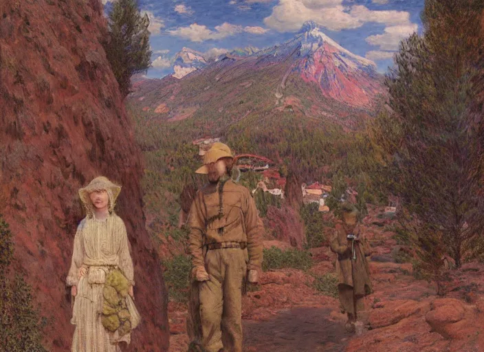 Image similar to people exterior future mountain figures, in the style of matt murphy, enes dirig, jeremy enecio, intricate, miles johnston, monet, cynical realism, john william godward, painterly, yoshitaka amano, miles johnston, louise zhang, matt murphy, enes dirig, pekka halonen, finnish naturalism, realism