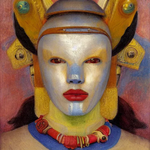 Image similar to the young robot goddess with her feathered bird mask, by annie swynnerton and diego rivera and elihu vedder, symbolist, dramatic lighting, elaborate geometric ornament, head and shoulders view, art brut, soft cool colors, smooth, sharp focus, extremely detailed, adolf wolfli