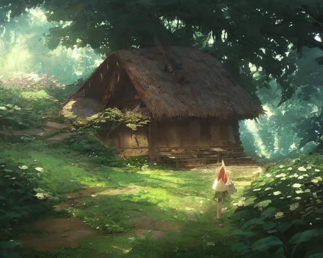 Prompt: old hut in the woods with a flower garden near a waterfall, gapmoe kuudere moody lighting stunning bokeh highlights sharp contrast | trending pixiv fanbox | by greg rutkowski makoto shinkai takashi takeuchi studio ghibli