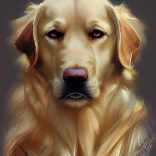 Prompt: portrait of a golden retriever, blue eyes, intricate, elegant, highly detailed, digital painting, artstation, concept art, smooth, sharp focus, illustration, art by artgerm and greg rutkowski and alphonse mucha