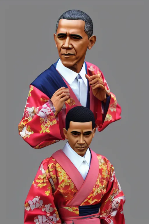 Image similar to full body 3d render of barack obama as an anime doll wearing a beautiful kimono, shinto shrine, blender, trending on artstation, 8k, highly detailed, bokeh, depth of field