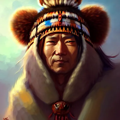 Image similar to anime portrait of a American native shaman wearing a bear headdress by Stanley Artgerm Lau, WLOP, Rossdraws, James Jean, Andrei Riabovitchev, Marc Simonetti, and Sakimichan, trending on artstation